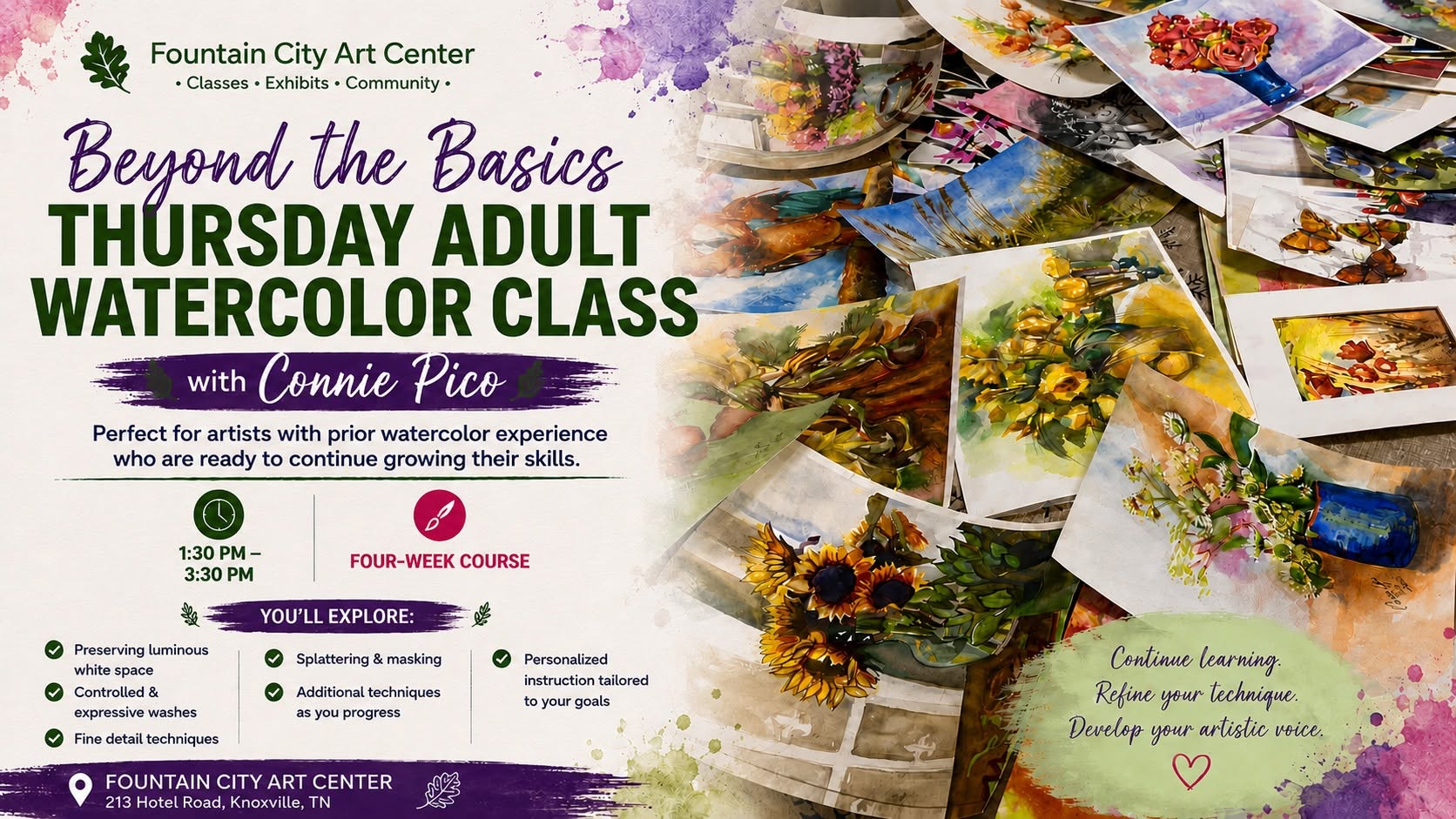 August 6 (Thu), 1:00–3:30 PM — Beyond the Basics: Thursday Adult Watercolor Class with Connie Pico