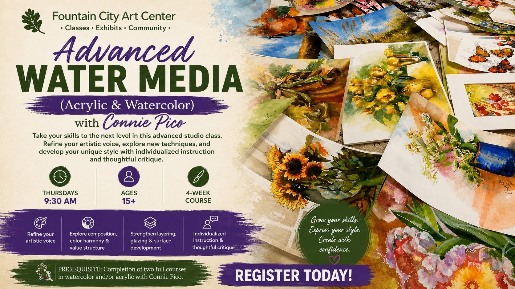 Advanced Water Medium Class (Acrylic and Watercolor) with Connie Pico Thursday August 6, 2026 from 9:30 AM - 12:00 PM
